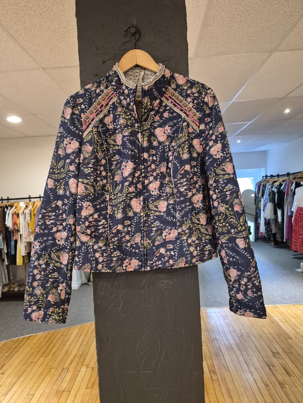 Free People Meadow Floral Quilted Jacket Boho Beaded Studded Zip Up